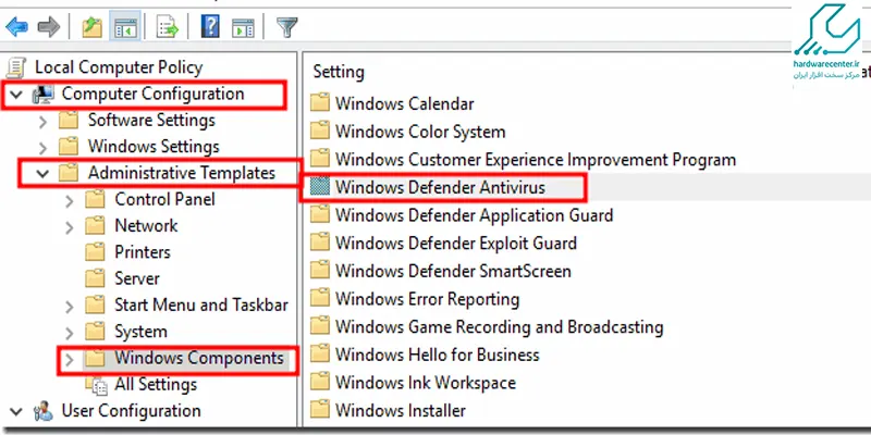 انتخاب گزینه Windows Defender Antivirus