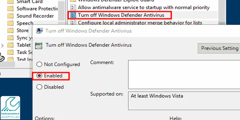 انتخاب گزینه Antivirus Defender Windows Off Turn